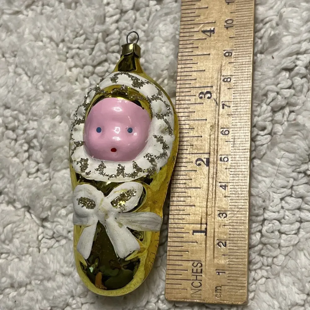 Vintage Hand Blown Glass Baby Swaddled in Blanket Bow Gold Christmas Ornament